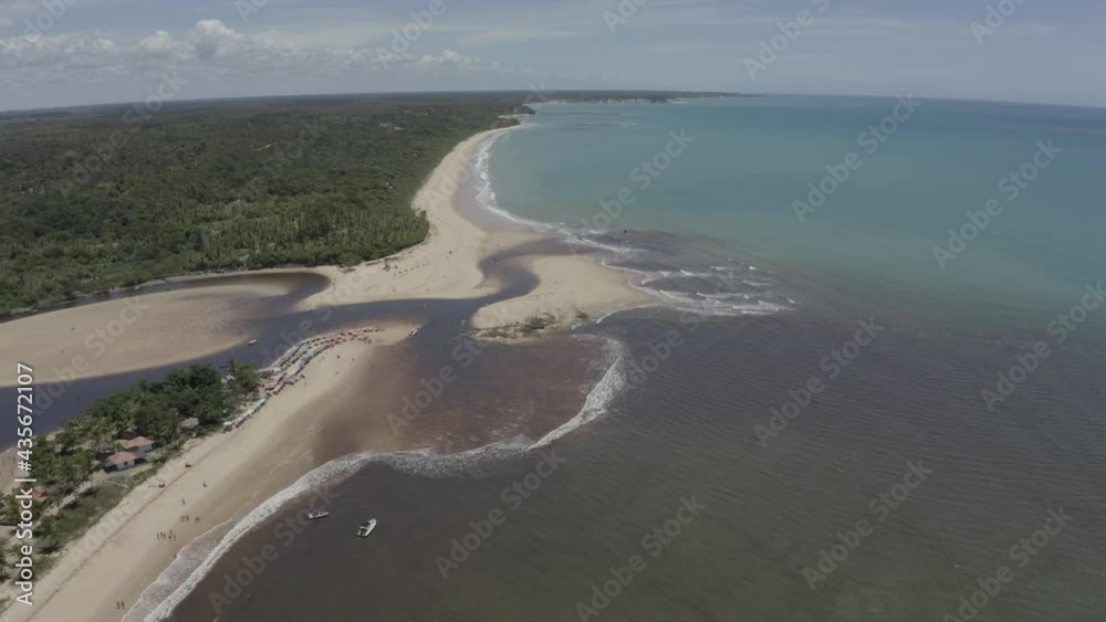 Vue aérienne avant de l'océan. Marée basse, Piscines naturels, fleuve, forêt tropicale, sable, palmiers, parasols, personnes. Été à Praia Caraiva, Bahia, Brésil.	
