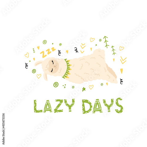 The sleeping llama. Cute lazy animal. A pattern with a lama and an inscription. Lettering. The animal is resting. Children's illustration for the design of prints of clothing, fabrics, dishes.