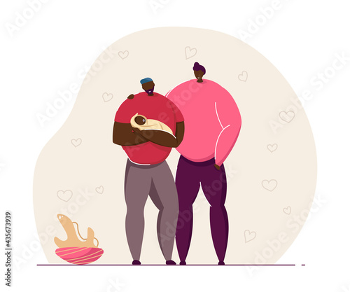 Father holding baby vector illustration. Young gay parents adoring child. Swaddled newborn boy or girl. LGBT family concept for website design.