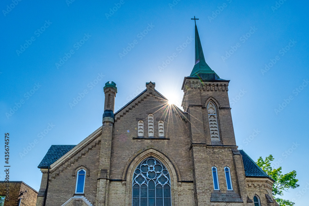 Colonial facade of the Saint Stanislaus Roman Catholic Church in Toronto, Canada