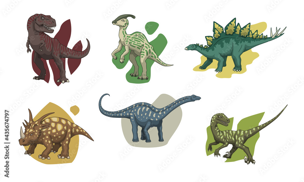 Set of Dinosaurs with editable strokes, colors and shadows: Tyrannosaurus, Parasaurolophus, Stegosaurus, Styracosaurus, Brontosaurus, Velociraptor