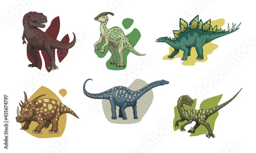 Fototapeta Naklejka Na Ścianę i Meble -  Set of Dinosaurs with editable strokes, colors and shadows: Tyrannosaurus, Parasaurolophus, Stegosaurus, Styracosaurus, Brontosaurus, Velociraptor