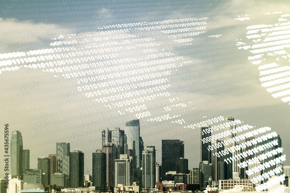 Double exposure of graphic America map hologram on Los Angeles office buildings background, big data and digital technology concept