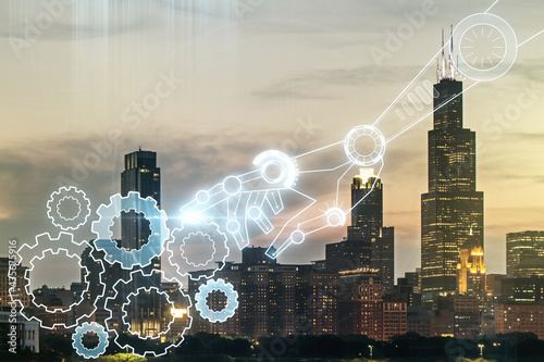 Abstract virtual robotics technology hologram on Chicago skyline background. Robot development and automation concept. Multiexposure