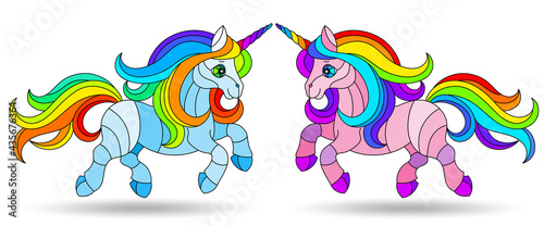 Set of illustrations in the style of stained glass with abstract cartoon unicorns, animals isolated on a white background