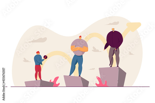 Stages of human maturation vector illustration. Boy growing to young man and aging. Three milestones of person growth. Young, mature and old people. Life circle concept for website or landing page.