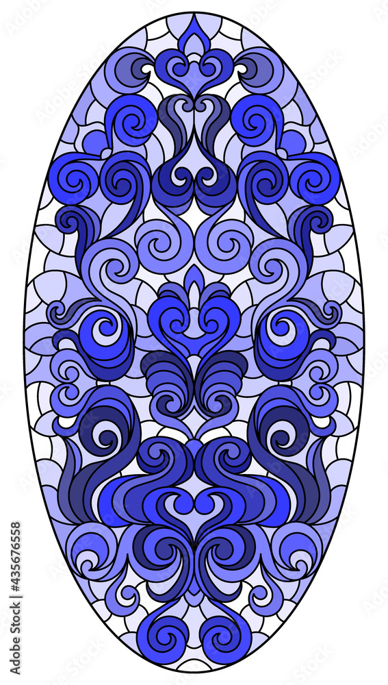 Illustration in stained glass style, round mirror image with floral ornaments and swirls,tone blue, oval image Illustration in stained glass style, round mirror image with floral ornaments and swirls,tone blue, oval image