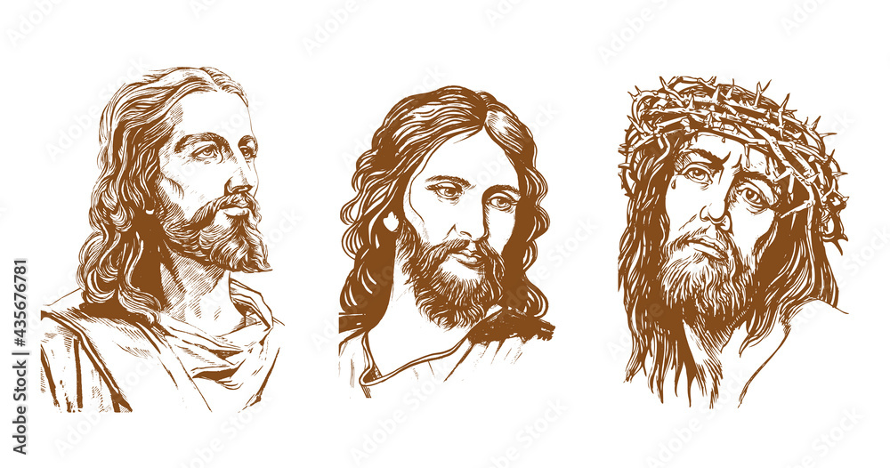 Stockvector Jesus Christ set of graphic portraits. Hand drawing