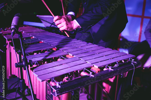 Canvas Print Xylophone concert view of vibraphone marimba player, mallets drum sticks, with a