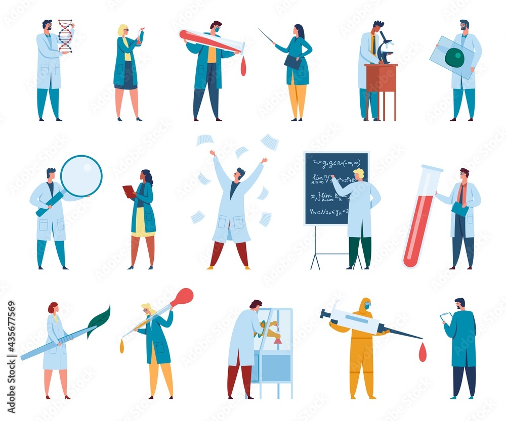 Scientist characters. Male and female scientists in white coats. Lab workers, researchers, chemists with laboratory equipment vector set. Writing on blackboard, holding glass tube, magnifier