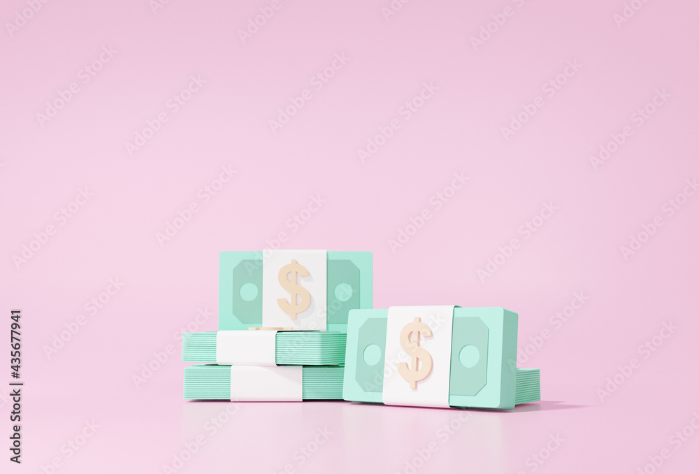 Banknotes dollar stacks cash on pink pastel background money digital Cost saving concept. minimal cartoon style, 3D rendering
