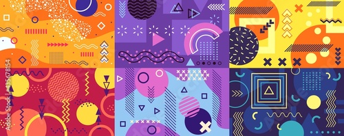 Memphis background. Funky abstract cover with geometric shapes and patterns. Fun pop art retro 80s 90s style poster template vector set. Bright colorful decor with curves, lines, circles and squares