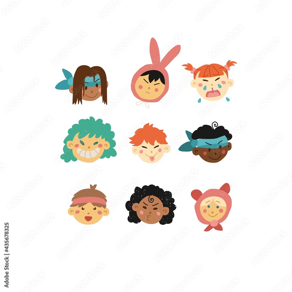 Obraz premium Hand drawn kids faces in line art style, modern minimalism art, bundle of smiling faces of boys and girls with different hairstyles, skin colors and ethnicities