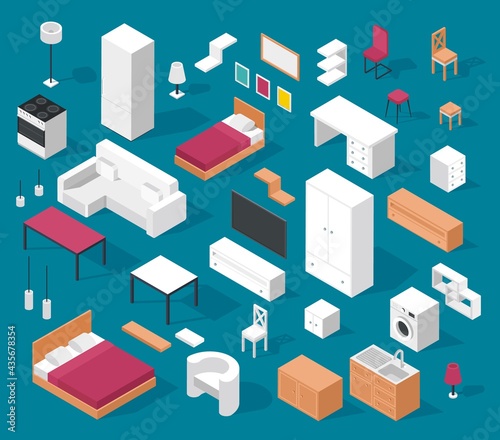 Isometric furniture. Table, cabinet and bed, chair and couch, lamp and stove, fridge. Modern living room, bedroom and kitchen interior elements vector set. Isolated indoor objects