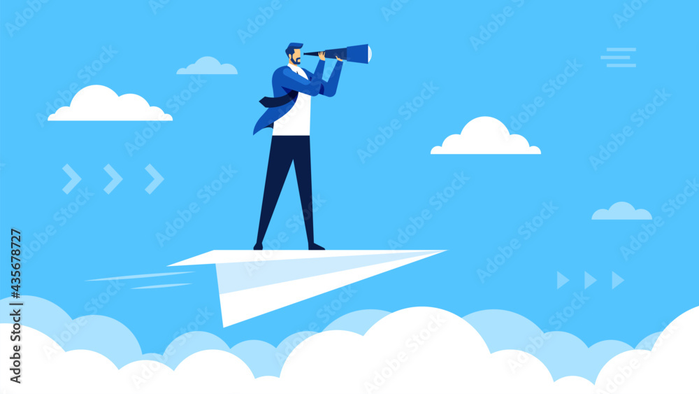 Business vision. Businessman flying on paper plane and looking through telescope. Seeking career opportunities, leadership vector concept. Employee searching solution or idea for company - obrazy, fototapety, plakaty 