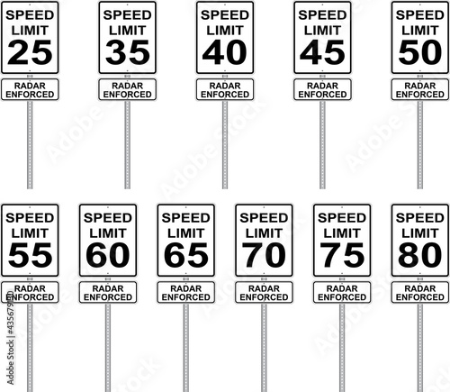 Collection of Speed Limit - Radar Enforced street signs - Vector Illustration