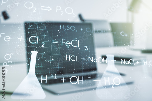 Double exposure of creative chemistry concept on laptop background, research and development concept
