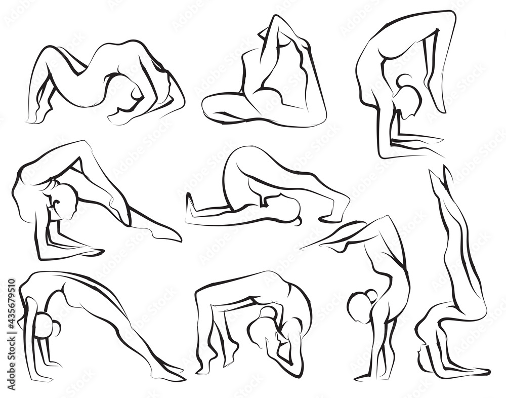 hand drawing yoga sketch black and white with line art illustration isolated on white background.