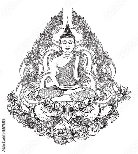 Tattoo art buddha and thai dargon hand drawing and sketch