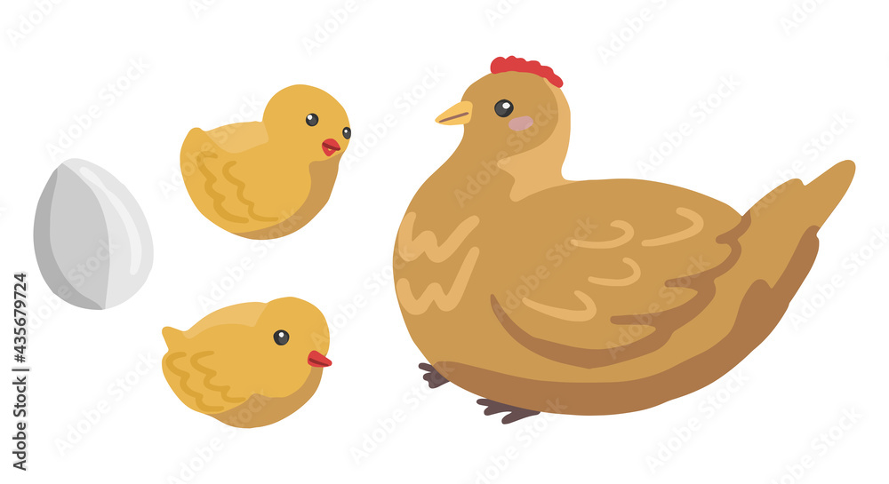 Doodles of сute hen, chicken and egg. Collection of hand drawn vector illustrations. Colorful cartoon cliparts isolated on white background. Simple elements for design, print, decor, postcard, sticker
