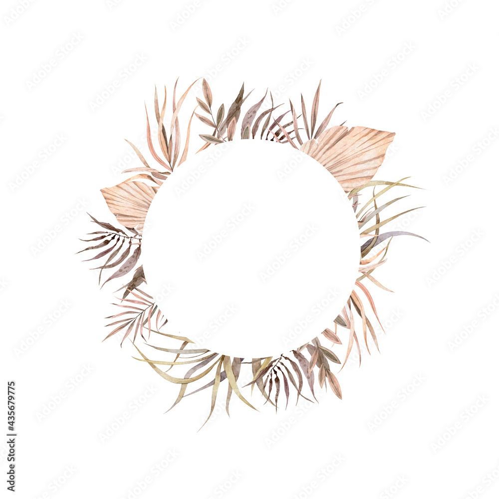 Wedding dried lunaria, orchid, pampas grass floral wreath. Exotic dried flowers, palm leaves boho invitation card. Watercolor template frame, save date, modern poster, trendy design Wedding dried lunaria, orchid, pampas grass floral wreath. Exotic dried flowers, palm leaves boho invitation card. Watercolor template frame, save date, modern poster, trendy design