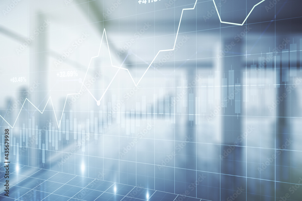 Multi exposure of abstract virtual financial graph hologram on empty corporate office background, forex and investment concept Multi exposure of abstract virtual financial graph hologram on empty corporate office background, forex and investment concept