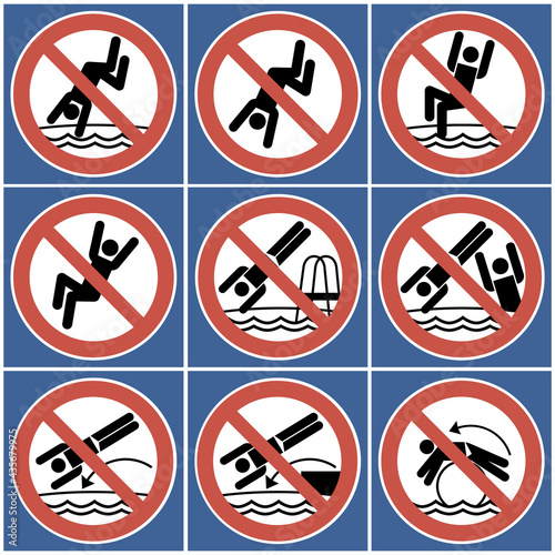 Jumping into the water is prohibited. A set of signs.
Round poster, symbolic image of a person, flat, two-color, red and black.