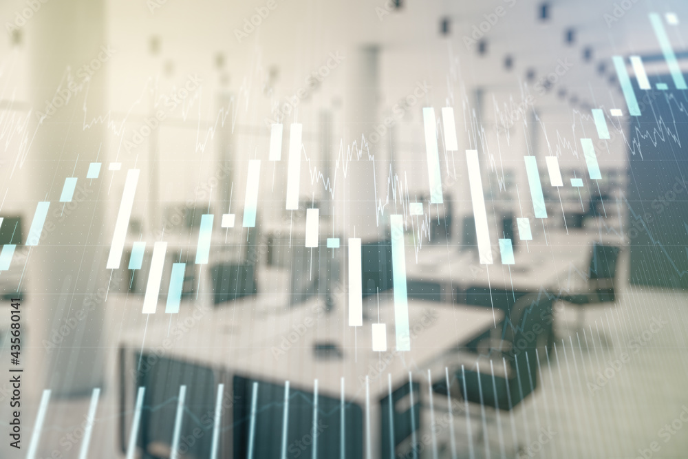 Multi exposure of virtual abstract financial graph interface on a modern furnished classroom background, financial and trading concept Multi exposure of virtual abstract financial graph interface on a modern furnished classroom background, financial and trading concept
