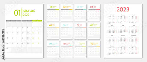 Calendar 2022, calendar 2023 week start Monday corporate design template vector. photo