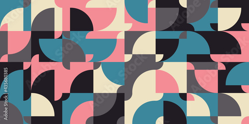 Modern vector abstract  geometric background with circles, rectangles and squares  in retro scandinavian style. Pastel colored simple shapes graphic pattern.