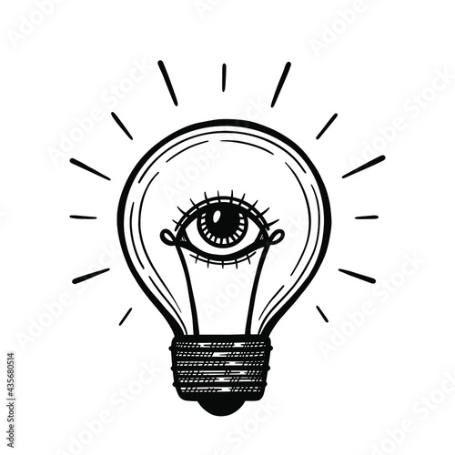 Vector glowing lightbulb with human eye inside. Concept of creative vision and inspiring idea.