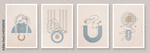 Abstract composition art with nude female silhouette in sunrise or sunset. Earth tones colors wall art decor. Soft color painting boho style background. Minimalistic background. Vector illustration.