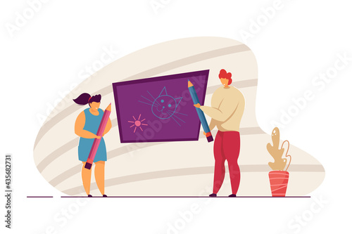 Woman and girl drawing on blackboard. Mother and daughter doodling funny things together. Cute little girl painting with mommy. Family leisure concept for website design
