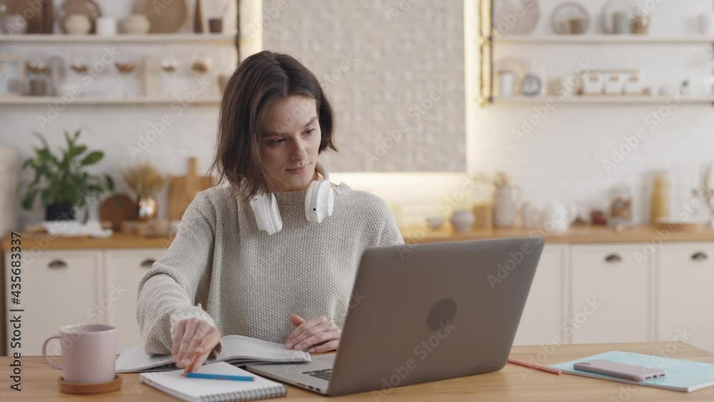 Attractive student doing homework using portable laptop Attractive student doing homework using portable laptop