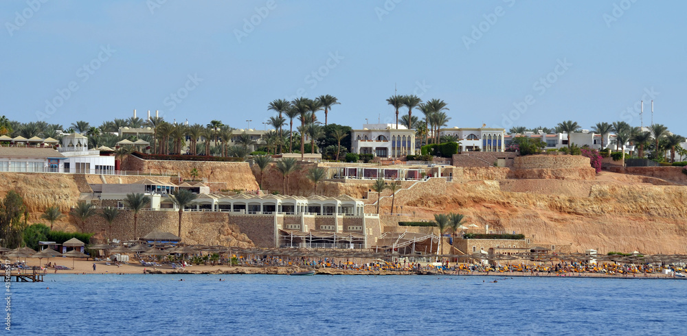 Resorts and hotels at coast of Sharm El Sheikh from yacht. Sharm El Sheikh, Egypt 