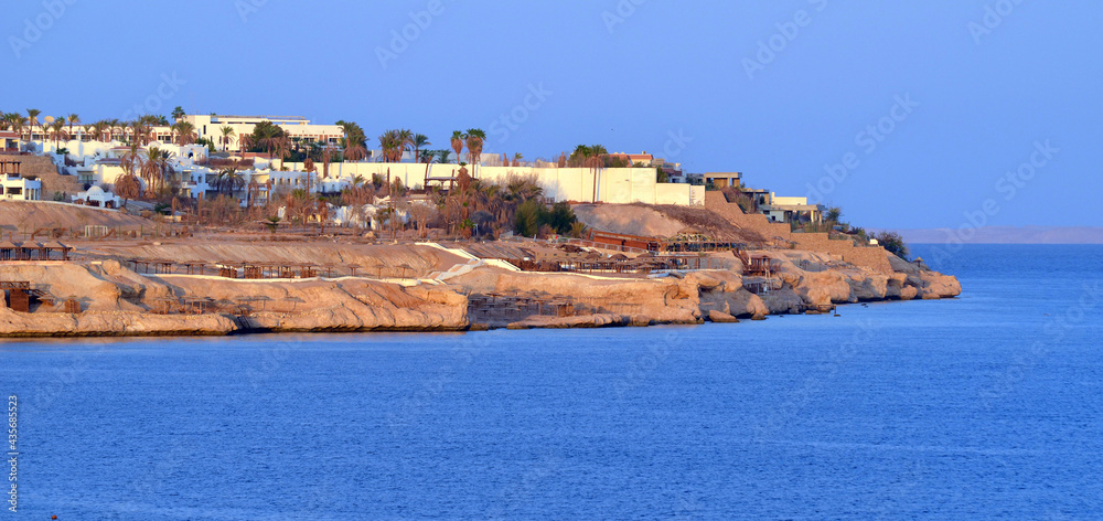 Resorts and hotels at coast of Sharm El Sheikh from yacht. Sharm El Sheikh, Egypt 