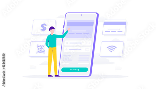 Online shopping and payment method with smartphone. Man click payment method credit card. Flat Illustration suitable for user interface, ui, ux, web, mobile, banner and infographic. © Imajinajib