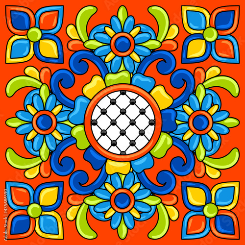 Mexican talavera ceramic tile pattern. Decoration with ornamental flowers. Background with mexican talavera pattern. Decoration with ornamental flowers.