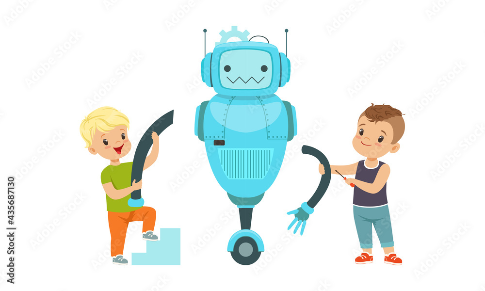 Cute Boys Creating Robot Model Set, Kids Building Robot, Hobby or Future Profession Concept Cartoon Vector Illustration Cute Boys Creating Robot Model Set, Kids Building Robot, Hobby or Future Profession Concept Cartoon Vector Illustration