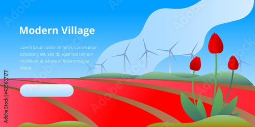 A field of tulips on the background of wind electric generators. Vector illustration on the topic of ecology and green energy. Horizontal banner template.