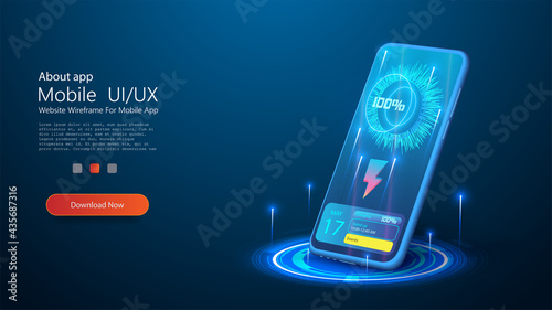 Wireless charging of the smartphone battery. Future concept. The progress of charging the battery of the phone. Wireless charging technology concept on blue background. Modern battery refuels. 3D
