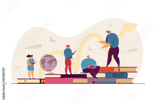 Tiny people reading books flat vector illustration. People of different age and gender educating themselves. Self-education, school, knowledge concept for banner, website design or landing web page