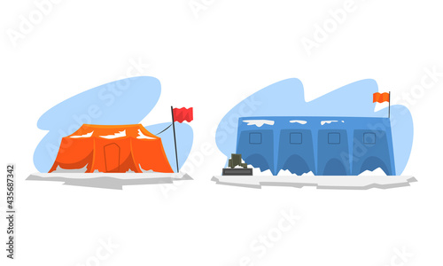 Arctic Explorer Set, Science Research Station, Polar Expedition Concept Cartoon Vector Illustration