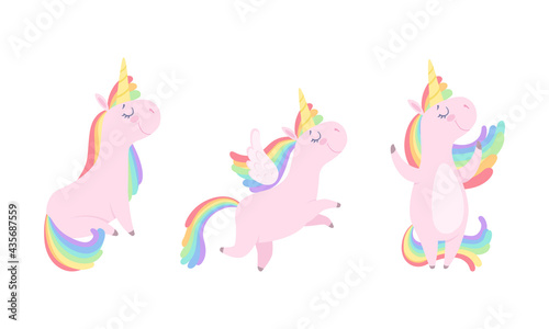 Cute Unicorns Set, Lovely Pink Baby Unicorn with Rainbow Mane in Various Poses Cartoon Vector Illustration © topvectors