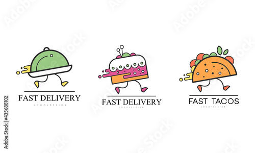 Fast Delivery Logo Design Set, Food Service, Cafe, Restaurant, Catering Business Labels, Badges Cartoon Vector Illustration