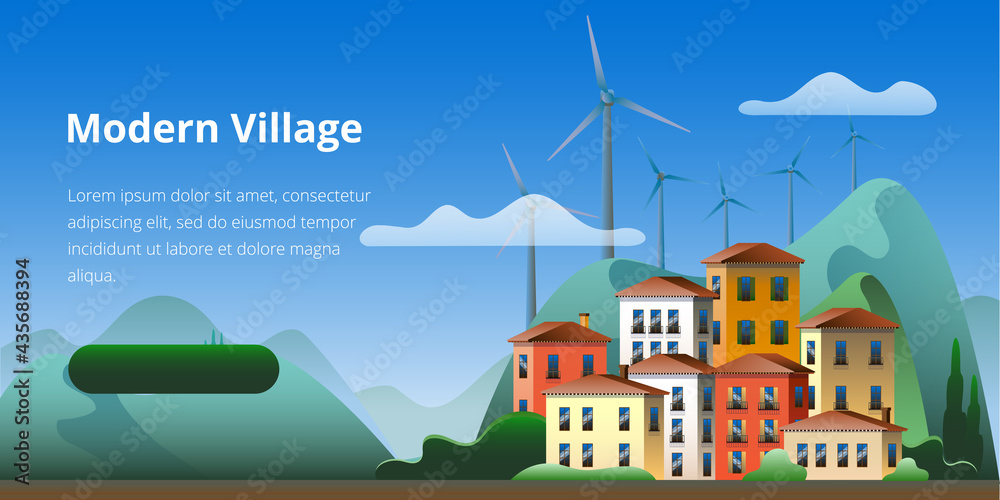 Eco-friendly village with wind power generators. Vector illustration on the theme of a smart village and eco-friendly electricity. Horizontal banner template.