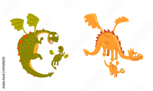 Cute Flying Dragon Families Set, Mom Dinosaur and her Little Baby Cartoon Vector Illustration