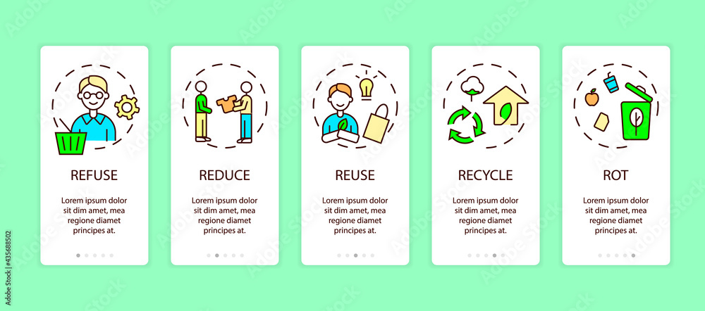 Zero waste app page screen with concepts. Refuse, reduce, reuse, recycle, rot ideas