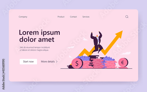 Millionaire happy about income growth. Broker celebrating stock shares climbed. Vector illustration for finance, rich banker, trading success concept