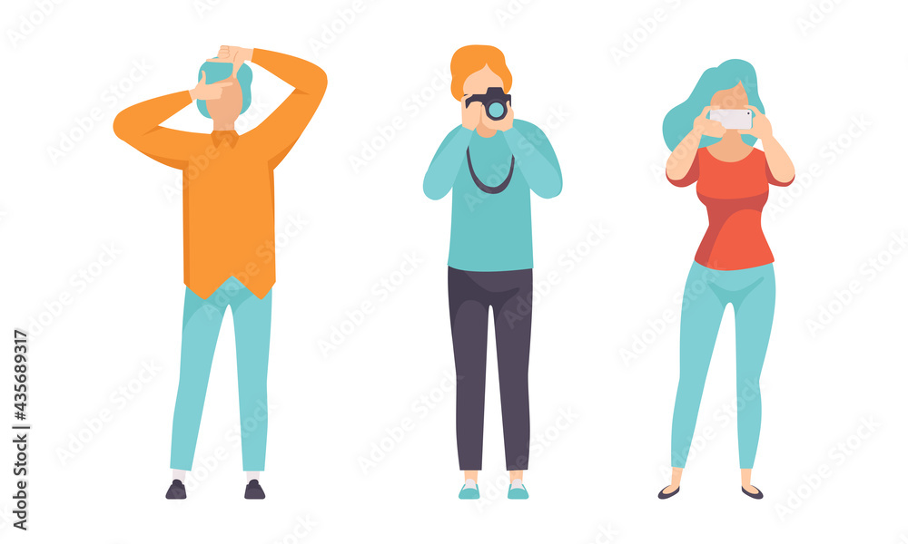 People Taking Photos Set, Male and Female Person Using Cameras and Making Frame as Focus for Photo with Fingers Flat Vector Illustration People Taking Photos Set, Male and Female Person Using Cameras and Making Frame as Focus for Photo with Fingers Flat Vector Illustration